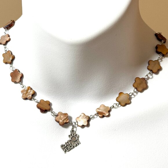 Caramel Mother of Pearl Flower Beaded Short Necklace+Cat Person PawPrint Pendant - Picture 2 of 13